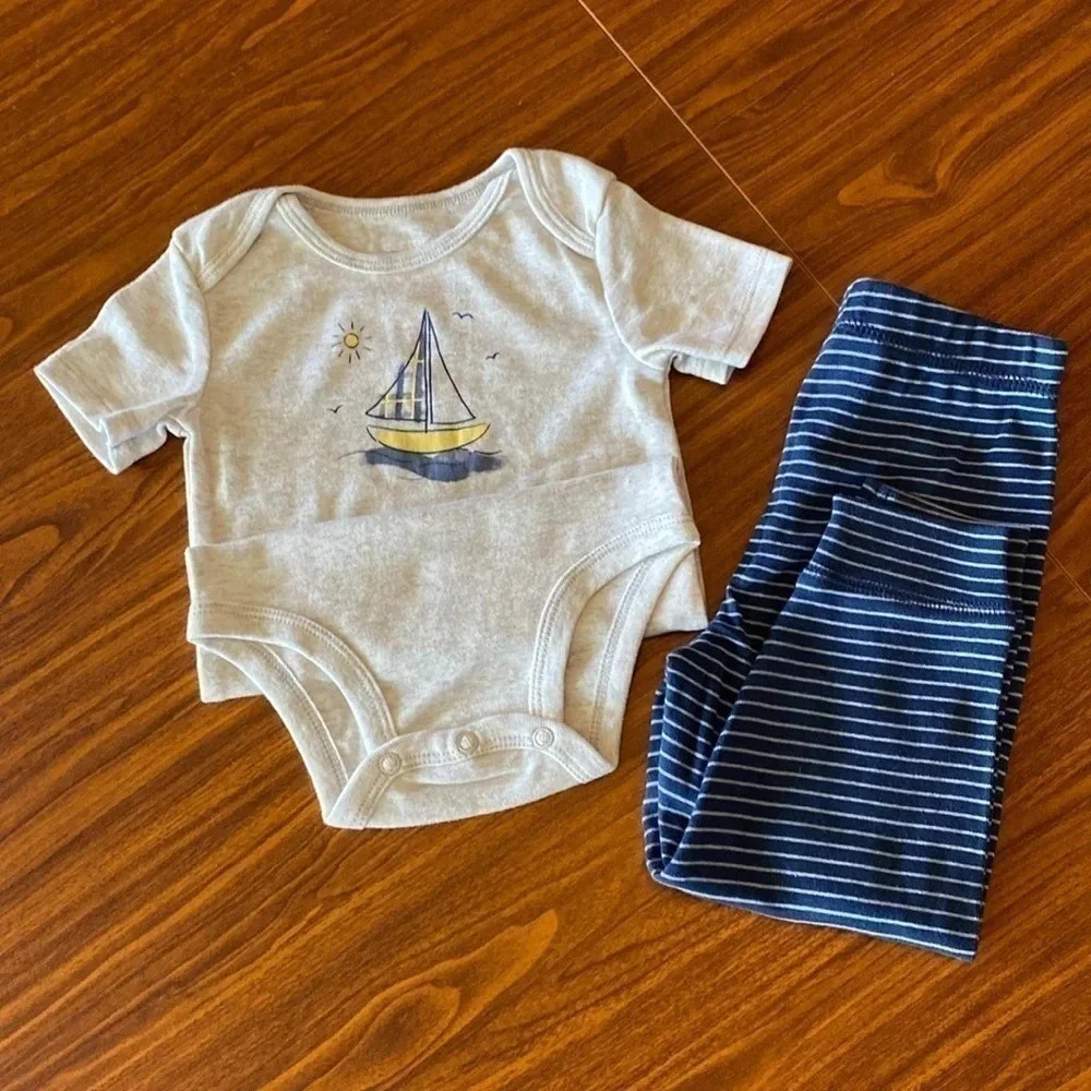 Carter's Baby Boy Sailboat Onesie W/Navy & White Striped‎ Pull On Pants Size 18M